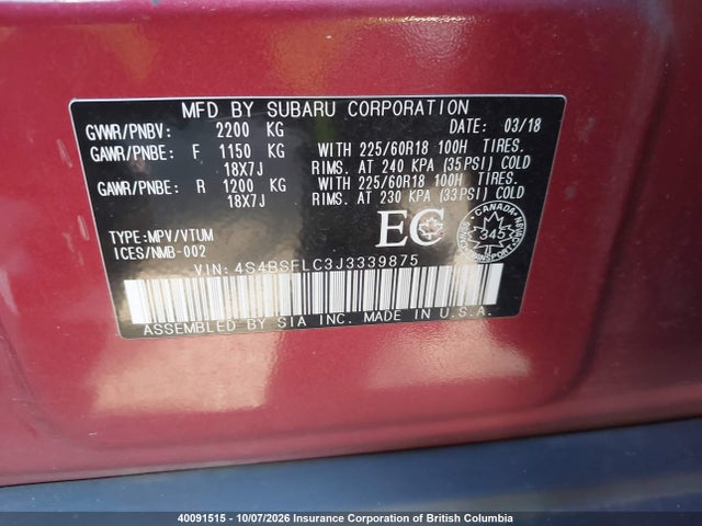 Продаж на аукціоні авто 2018 Subaru Outback 3.6r Limited, vin: 4S4BSFLC3J3339875, номер лоту: 40091515