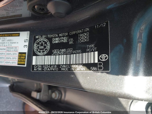 40088763 :رقم المزاد ، JTDZN3EU7D3199395 vin ، 2013 Toyota Prius V مزاد بيع