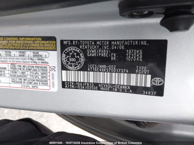 Aukcja sprzedaży 2007 Toyota Camry, vin: 4T1BE46K27U017374, numer aukcji: 40091540