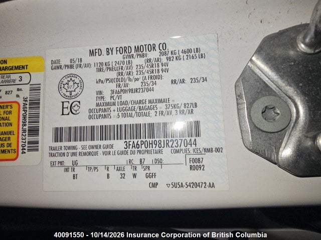 2018 Ford Fusion Se მანქანა იყიდება აუქციონზე, vin: 3FA6P0H98JR237044, აუქციონის ნომერი: 40091550