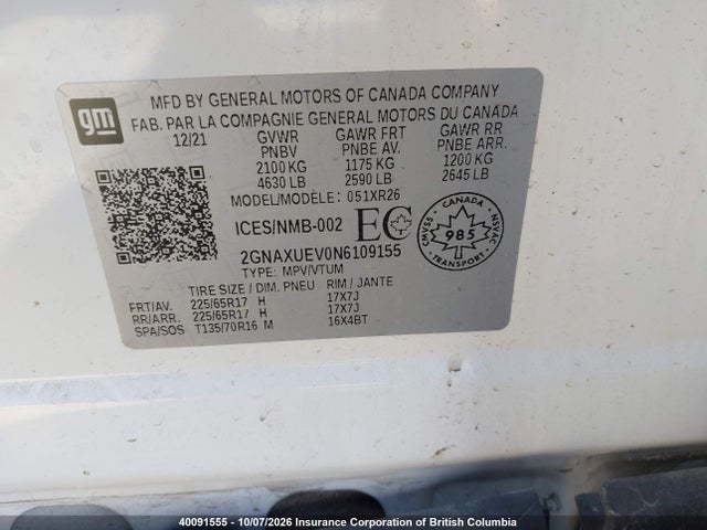 2022 Chevrolet Equinox Lt მანქანა იყიდება აუქციონზე, vin: 2GNAXUEV0N6109155, აუქციონის ნომერი: 40091555