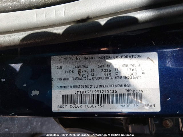 Aukcja sprzedaży 2009 Mazda 3 I, vin: JM1BK32F991255436, numer aukcji: 40082005