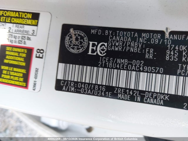 40082269 :رقم المزاد ، 2T1BU4EE0AC490570 vin ، 2010 Toyota Corolla Ce مزاد بيع