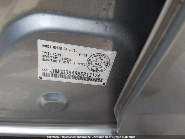 40079202 :رقم المزاد ، JHMGD38468S813174 vin ، 2008 Honda Fit Dx/lx مزاد بيع