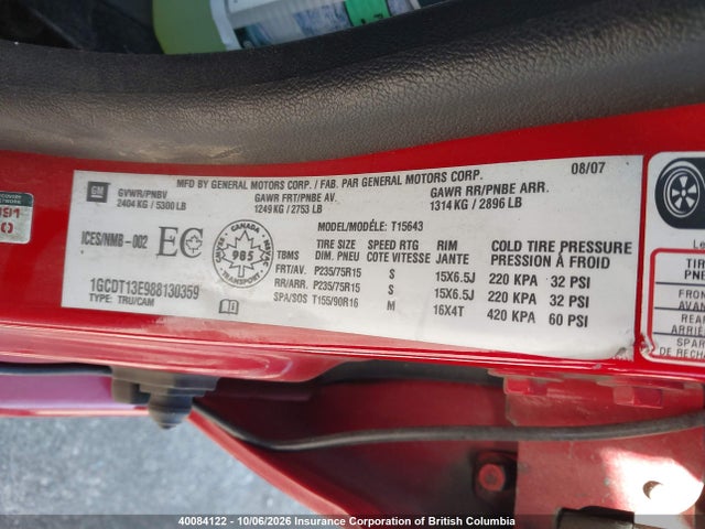 40084122 :رقم المزاد ، 1GCDT13E988130359 vin ، 2008 Chevrolet Colorado مزاد بيع