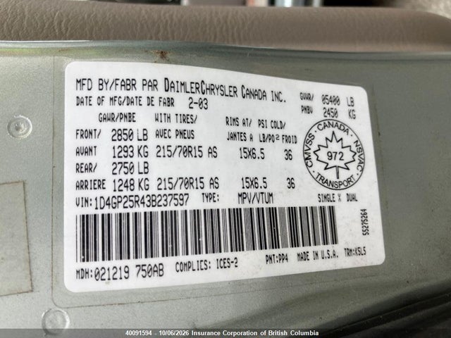 Продажа на аукционе авто 2003 Dodge Caravan Se, vin: 1D4GP25R43B237597, номер лота: 40091594