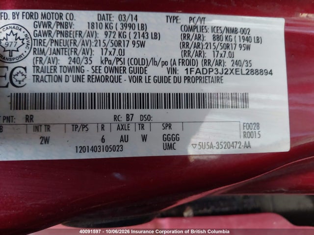 40091597 :رقم المزاد ، 1FADP3J2XEL288894 vin ، 2014 Ford Focus مزاد بيع