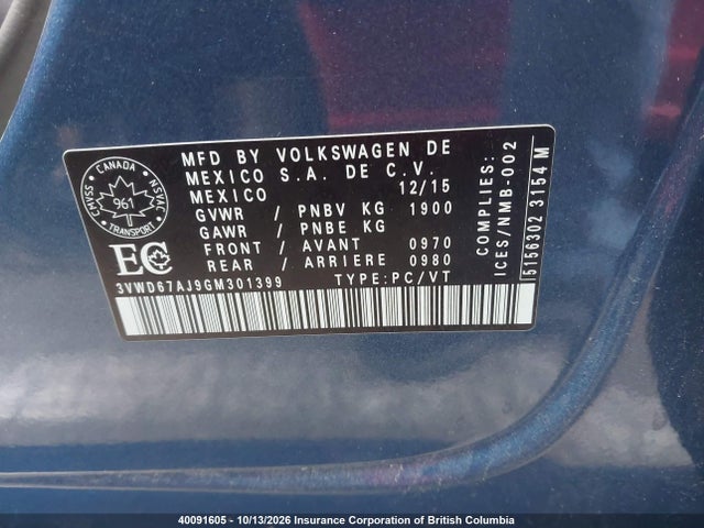 40091605 :رقم المزاد ، 3VWD67AJ9GM301399 vin ، 2016 Volkswagen Jetta مزاد بيع