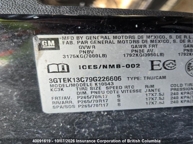 Aukcja sprzedaży 2009 Gmc Sierra K1500/k1500 Sl, vin: 3GTEK13C79G226606, numer aukcji: 40091619