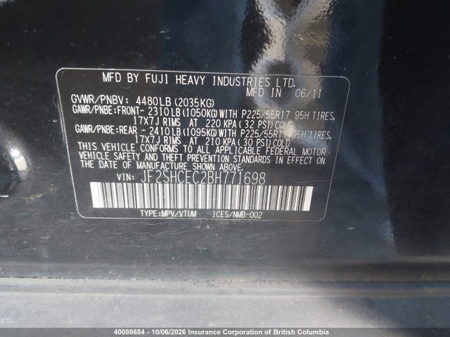 2011 Subaru Forester Limited მანქანა იყიდება აუქციონზე, vin: JF2SHCEC2BH771698, აუქციონის ნომერი: 40088654
