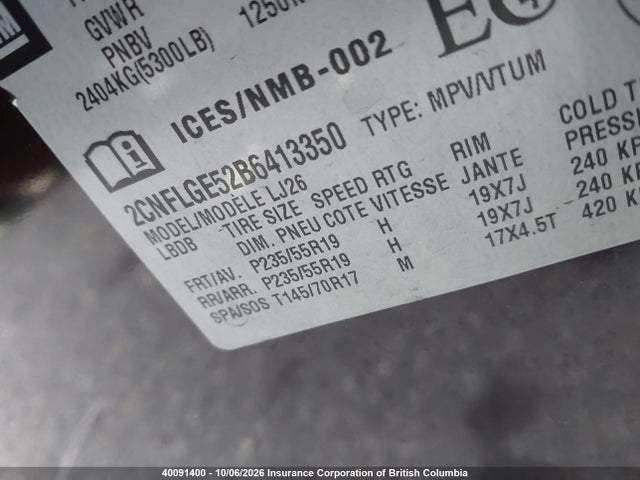 40091400 :رقم المزاد ، 2CNFLGE52B6413350 vin ، 2011 Chevrolet Equinox Ltz مزاد بيع
