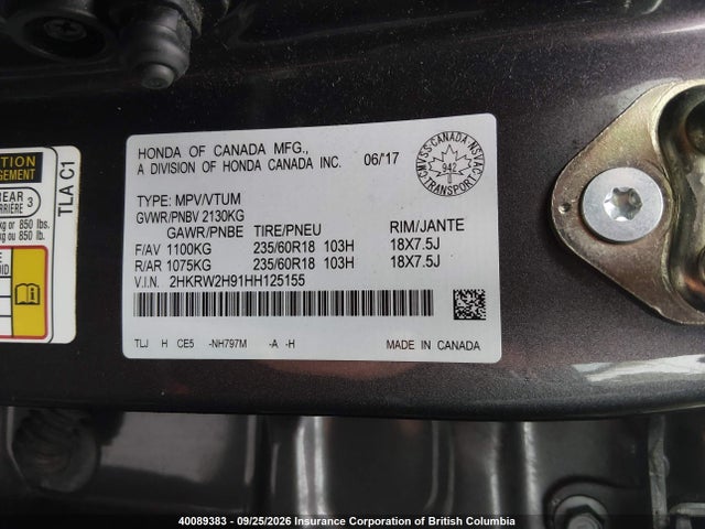 Honda Cr-v Touring 2017 2HKRW2H91HH125155 Image 9
