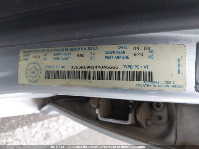 Aukcja sprzedaży 2004 Volkswagen Jetta Gls Tdi, vin: 3VWSR69M14M045665, numer aukcji: 40087442