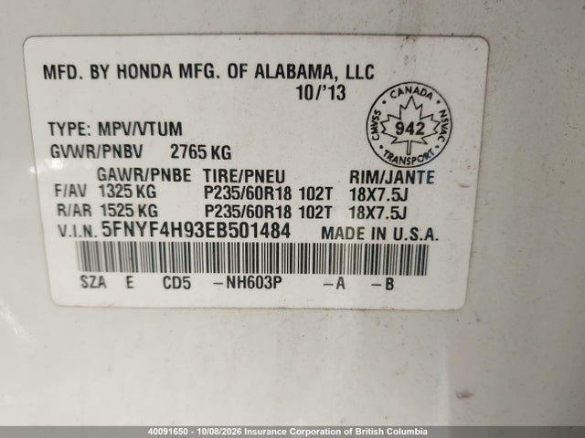 Honda Pilot 2014 5FNYF4H93EB501484 Image 9
