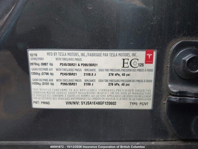 Tesla MODEL S 2016 5YJSA1E48GF120602 Image 9