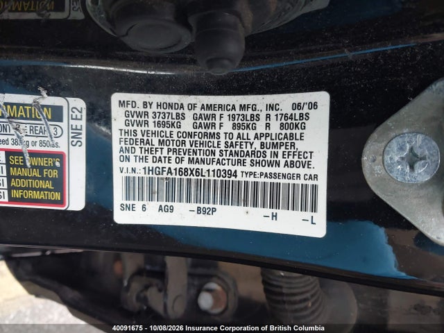 Продаж на аукціоні авто 2006 Honda Civic, vin: 1HGFA168X6L110394, номер лоту: 40091675
