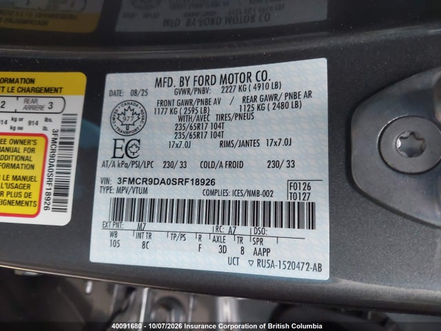 Продаж на аукціоні авто 2025 Ford Bronco Sport Badlands, vin: 3FMCR9DA0SRF18926, номер лоту: 40091680