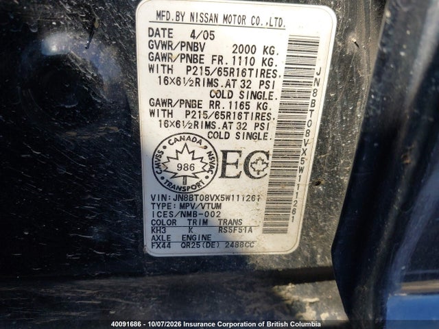 40091686 :رقم المزاد ، JN8BT08VX5W111261 vin ، 2005 Nissan X-trail Xe/se مزاد بيع