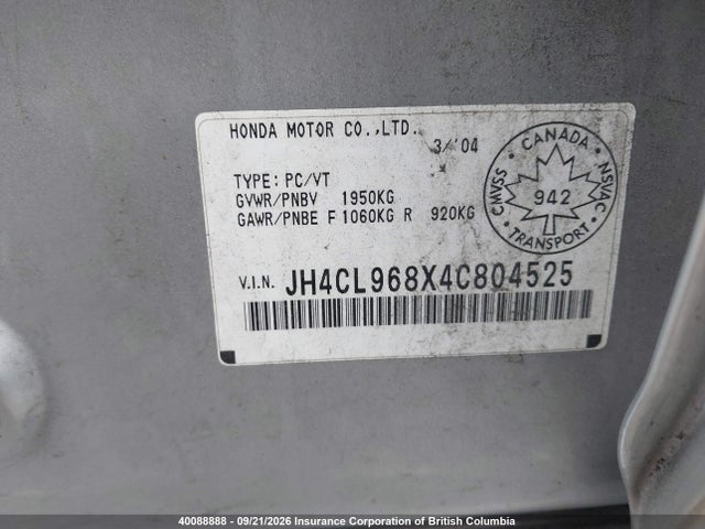 40088888 :رقم المزاد ، JH4CL968X4C804525 vin ، 2004 Acura Tsx مزاد بيع