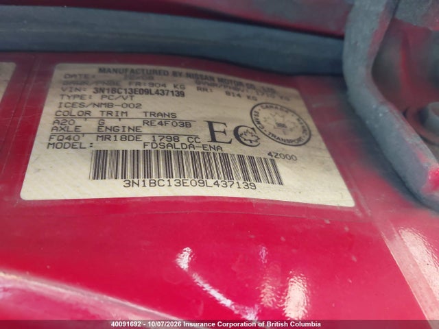 40091692 :رقم المزاد ، 3N1BC13E09L437139 vin ، 2009 Nissan Versa مزاد بيع