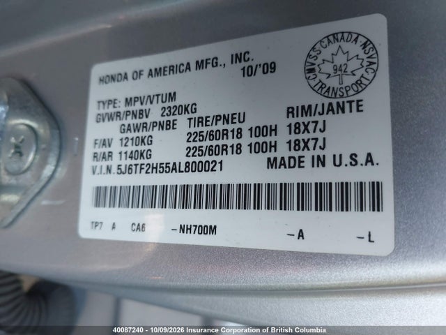 Продаж на аукціоні авто 2010 Honda Accord Crosstour Exl, vin: 5J6TF2H55AL800021, номер лоту: 40087240
