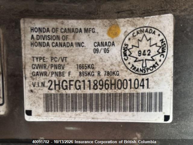 40091702 :رقم المزاد ، 2HGFG11896H001041 vin ، 2006 Honda Civic مزاد بيع