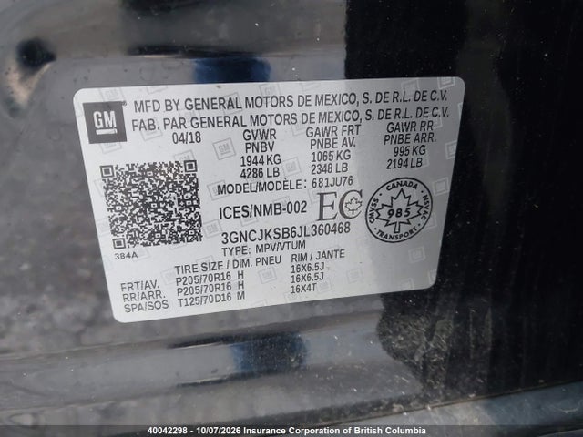 Aukcja sprzedaży 2018 Chevrolet Trax Ls, vin: 3GNCJKSB6JL360468, numer aukcji: 40042298