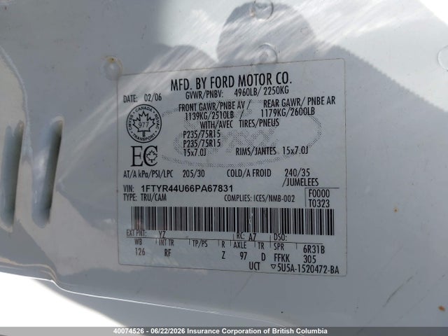 40074526 :رقم المزاد ، 1FTYR44U66PA67831 vin ، 2006 Ford Ranger Super Cab مزاد بيع