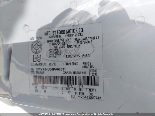 40074526 :رقم المزاد ، 1FTYR44U66PA67831 vin ، 2006 Ford Ranger Super Cab مزاد بيع