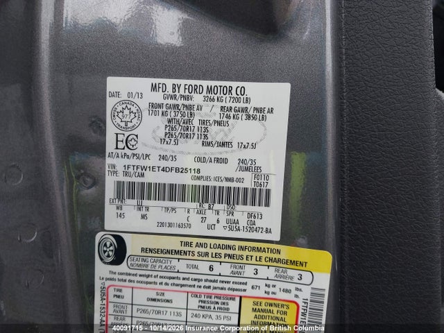 40091715 :رقم المزاد ، 1FTFW1ET4DFB25118 vin ، 2013 Ford F150 مزاد بيع