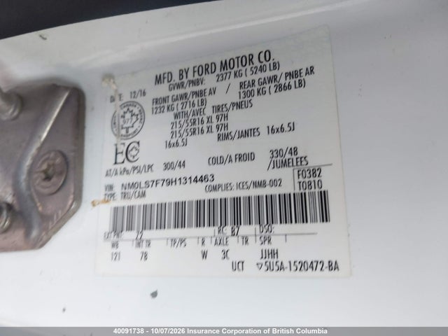 40091738 :رقم المزاد ، NM0LS7F79H1314463 vin ، 2017 Ford Transit Connect Xlt مزاد بيع