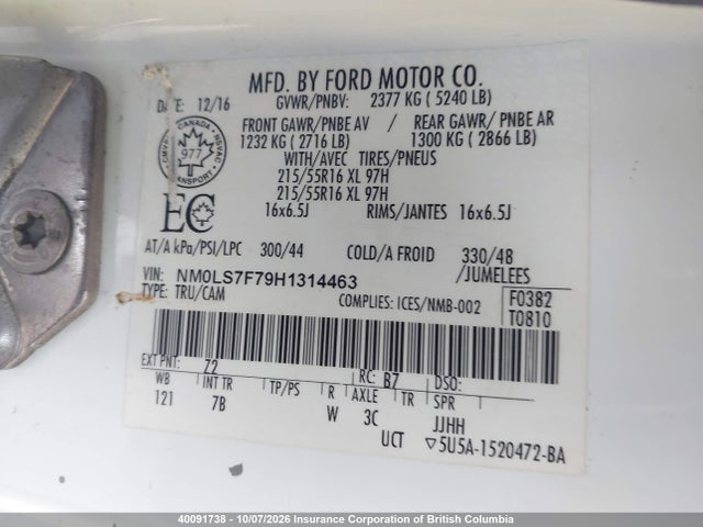 40091738 :رقم المزاد ، NM0LS7F79H1314463 vin ، 2017 Ford Transit Connect Xlt مزاد بيع
