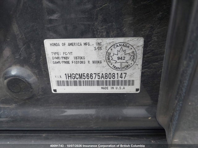 Продаж на аукціоні авто 2005 Honda Accord Ex-l, vin: 1HGCM56675A808147, номер лоту: 40091743