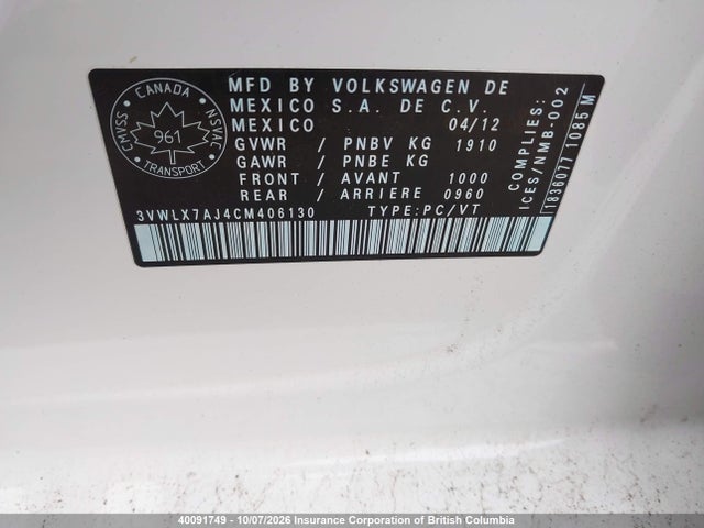 40091749 :رقم المزاد ، 3VWLX7AJ4CM406130 vin ، 2012 Volkswagen Jetta مزاد بيع