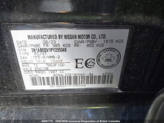 40091770 :رقم المزاد ، 3N1AB8DV1PY295048 vin ، 2023 Nissan Sentra Sr/sr Midnight Edition مزاد بيع
