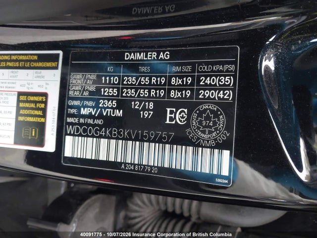 2019 Mercedes-benz Glc 300 4matic მანქანა იყიდება აუქციონზე, vin: WDC0G4KB3KV159757, აუქციონის ნომერი: 40091775