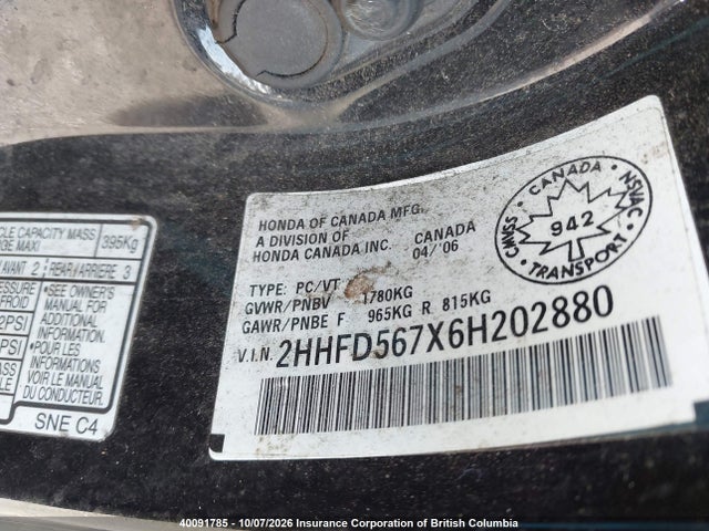 Aukcja sprzedaży 2006 Acura Csx, vin: 2HHFD567X6H202880, numer aukcji: 40091785
