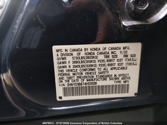 40079913 :رقم المزاد ، 2HNYD18874H511126 vin ، 2004 Acura Mdx Touring مزاد بيع