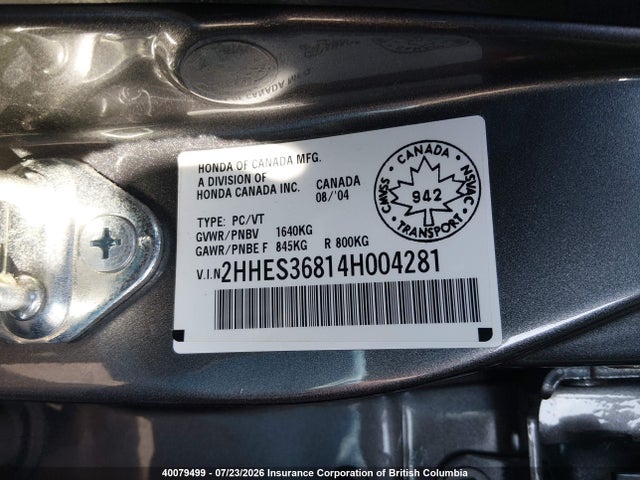 2004 Acura 1.7el Premium მანქანა იყიდება აუქციონზე, vin: 2HHES36814H004281, აუქციონის ნომერი: 40079499