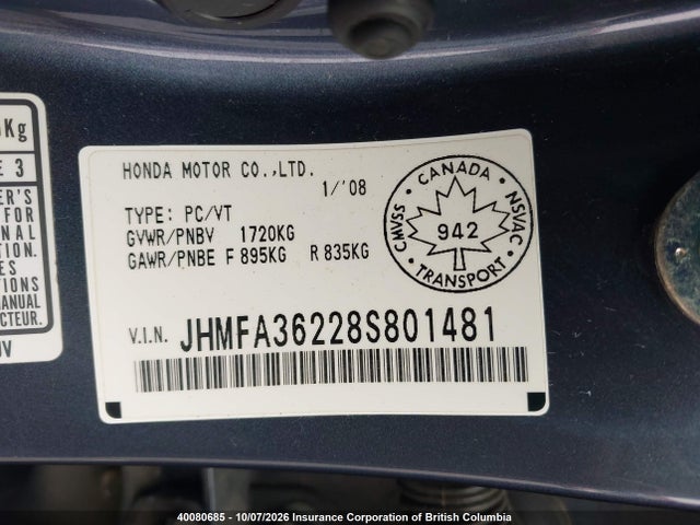 2008 Honda Civic Hybrid მანქანა იყიდება აუქციონზე, vin: JHMFA36228S801481, აუქციონის ნომერი: 40080685