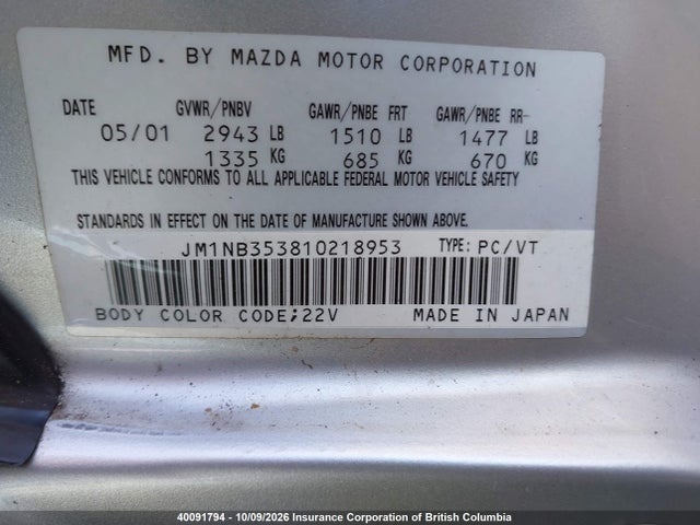 Aukcja sprzedaży 2001 Mazda Mx-5 Miata 1.8, vin: JM1NB353810218953, numer aukcji: 40091794