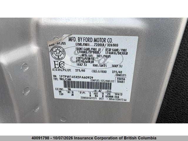 2005 Ford F150 მანქანა იყიდება აუქციონზე, vin: 1FTPW145X5FA60929, აუქციონის ნომერი: 40091798