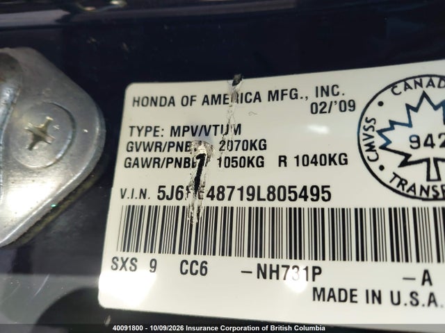 Продаж на аукціоні авто 2009 Honda Cr-v, vin: 5J6RE48719L805495, номер лоту: 40091800