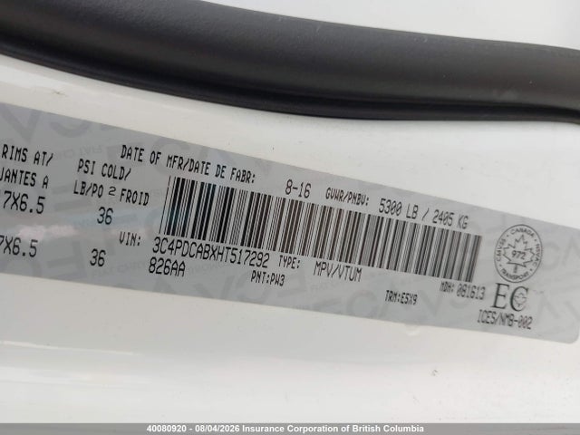 40080920 :رقم المزاد ، 3C4PDCABXHT517292 vin ، 2017 Dodge Journey Se مزاد بيع