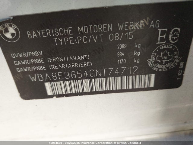 Aukcja sprzedaży 2016 Bmw 328 Xi Sulev, vin: WBA8E3G54GNT74712, numer aukcji: 40084569
