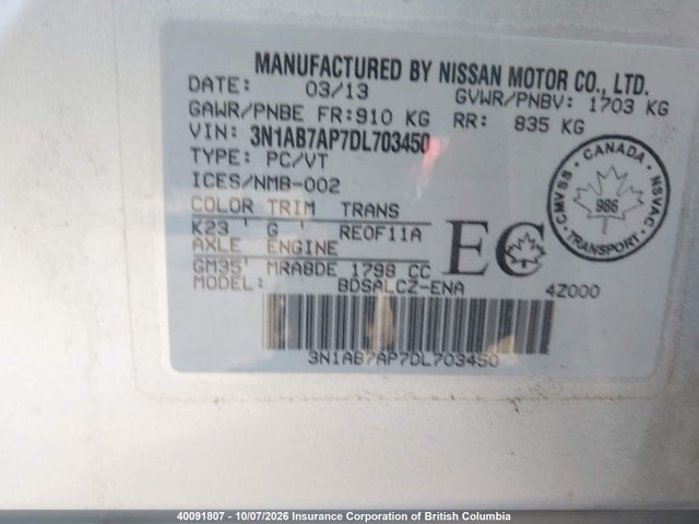 Aukcja sprzedaży 2013 Nissan Sentra S/sv/sr/sl, vin: 3N1AB7AP7DL703450, numer aukcji: 40091807