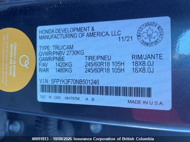 Продаж на аукціоні авто 2022 Honda Ridgeline Rtl, vin: 5FPYK3F70NB501246, номер лоту: 40091813