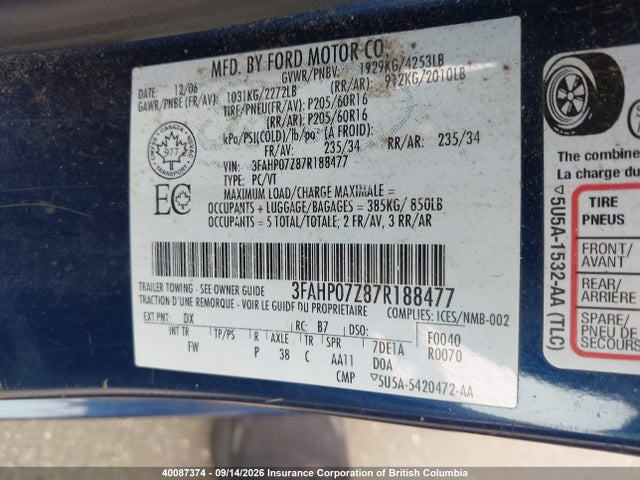 Продажа на аукционе авто 2007 Ford Fusion Se, vin: 3FAHP07Z87R188477, номер лота: 40087374