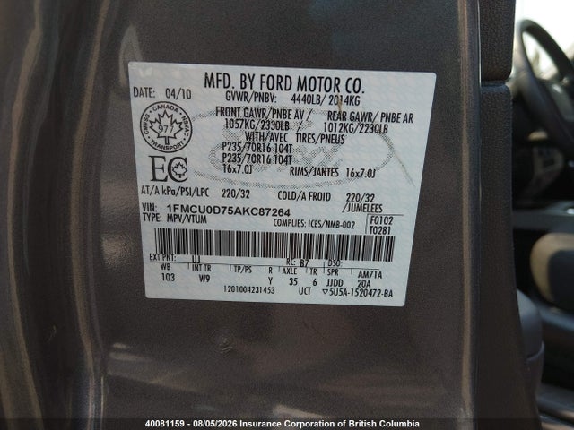 Продажа на аукционе авто 2010 Ford Escape Xlt Automatic/xlt Manual, vin: 1FMCU0D75AKC87264, номер лота: 40081159