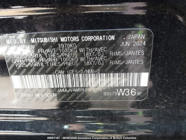 2024 Mitsubishi Rvr Se/sel/noir/gt მანქანა იყიდება აუქციონზე, vin: JA4AJVAW8RU608009, აუქციონის ნომერი: 40081167
